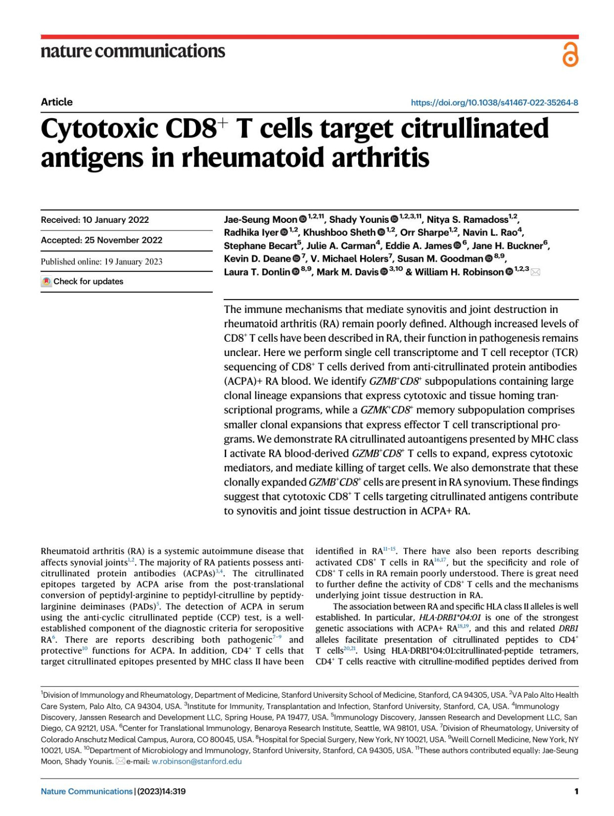 Cytotoxic Cd8 T Cells Target Citrullinated Antigens In Rheumatoid Arthritis Jaeseung Moon 1