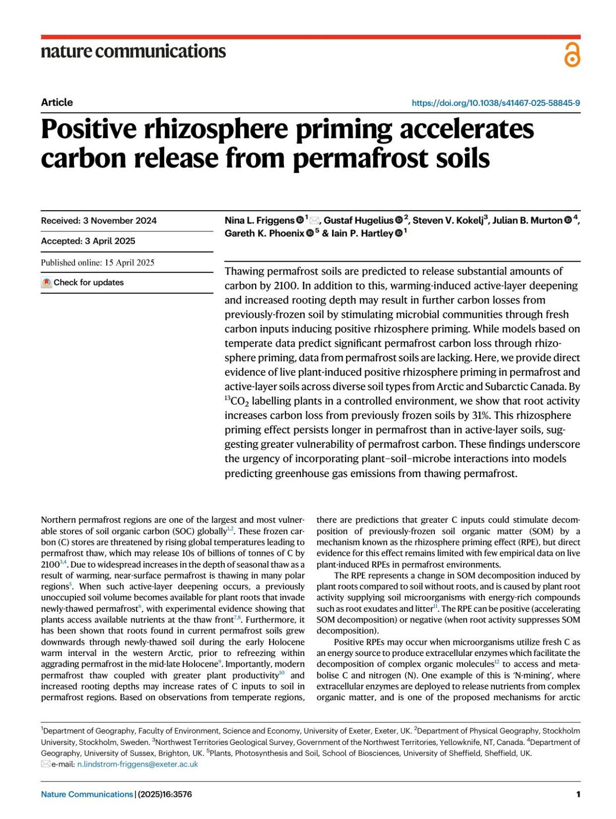 Positive Rhizosphere Priming Accelerates Carbon Release From Permafrost Soils Nina L Friggens Gustaf Hugelius Steven V Kokelj Julian B Murton Gareth K Phoenix Iain P Hartley