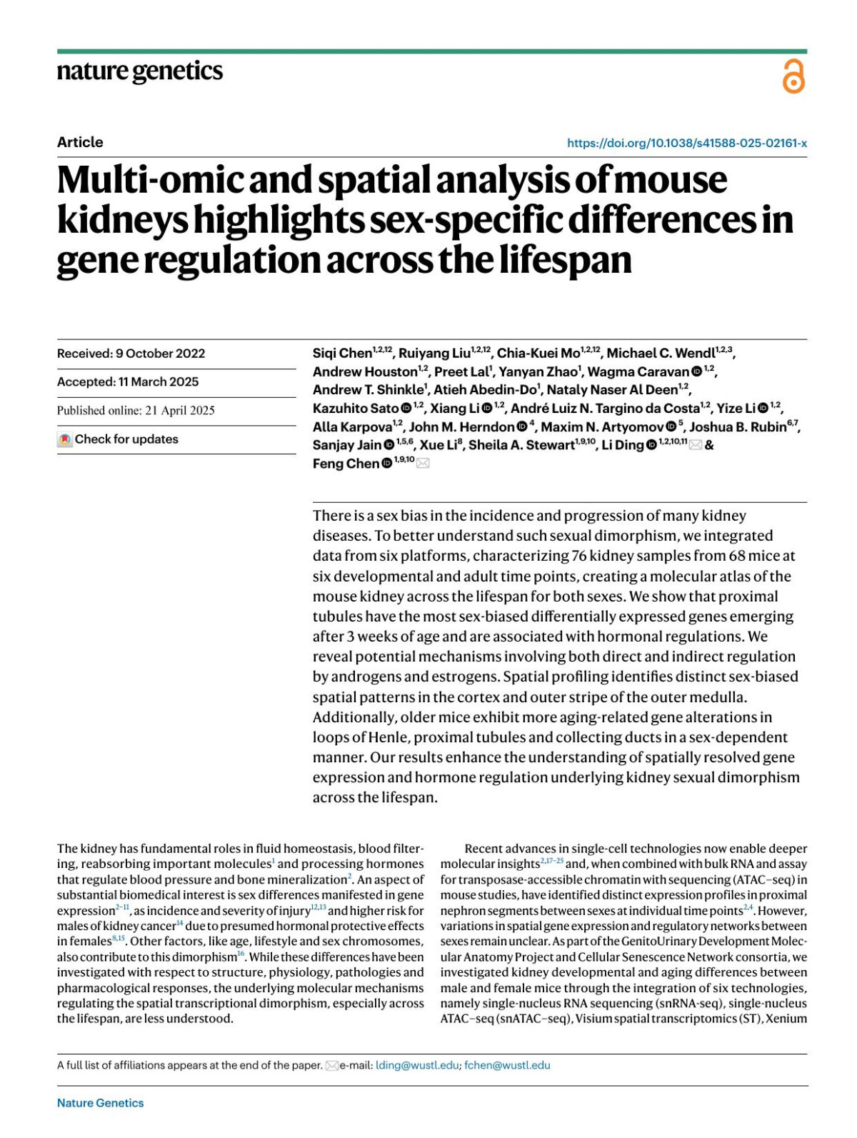 Multiomic And Spatial Analysis Of Mouse Kidneys Highlights Sexspecific Differences In Gene Regulation Across The Lifespan Siqi Chen1