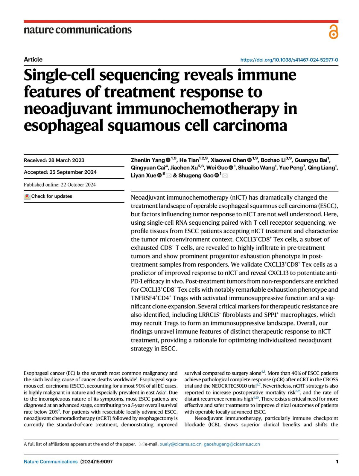Singlecell Sequencing Reveals Immune Features Of Treatment Response To Neoadjuvant Immunochemotherapy In Esophageal Squamous Cell Carcinoma Zhenlin Yang He Tian Xiaowei Chen Bozhao Li Guangyu Bai Qingyuan Cai Jiachen Xu Wei Guo Shuaibo Wang Yue Peng Qing Liang Liyan Xue Shugeng Gao