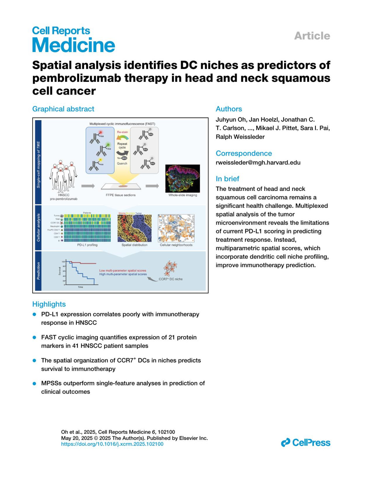 Singlecell Sequencing Reveals Immunefeatures Of Treatment Response Toneoadjuvant Immunochemotherapy Inesophageal Squamous Cell Carcinoma Juhyun Oh Jan Hoelzl Jonathan Ct Carlson Ruben Bill Hannah M Peterson William C Faquin Mikael J Pittet Sara I Pai Ralph Weissleder