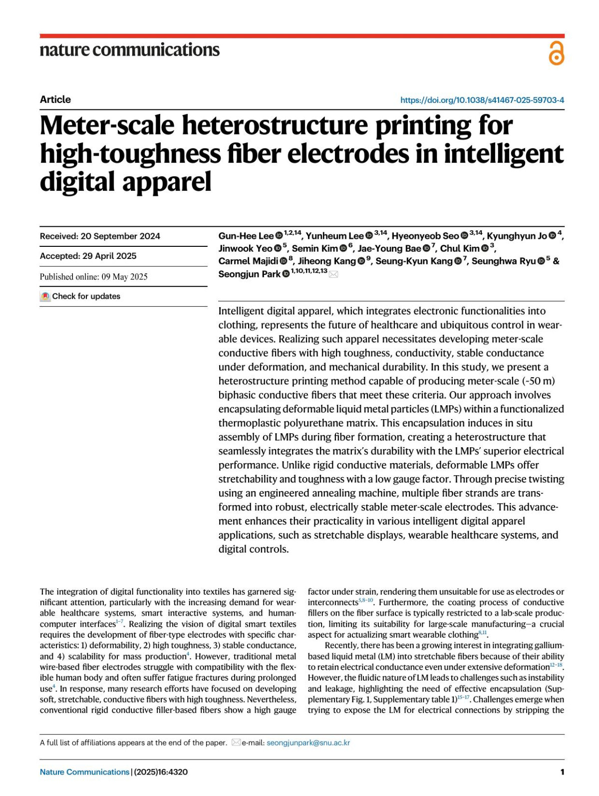 Meterscale Heterostructure Printing For Hightoughness Fiber Electrodes In Intelligent Digital Apparel Gunhee Lee Yunheum Lee Hyeonyeob Seo Kyunghyun Jo Jinwook Yeo Semin Kim Jaeyoung Bae Chul Kim Carmel Majidi Jiheong Kang Seungkyun Kang Seunghwa Ryu Seongjun Park