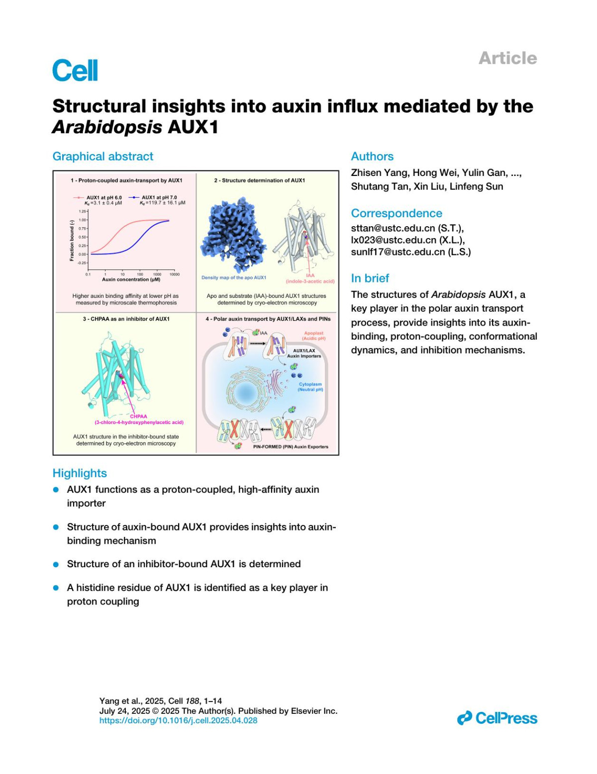 Structural Insights Into Auxin Influx Mediated By The Arabidopsis Aux1 Zhisen Yang Hong Wei Yulin Gan Huihui Liu Yang Cao Huihui An Xiuzheng Que Yongxiang Gao Lizhe Zhu Shutang Tan Xin Liu Linfeng Sun
