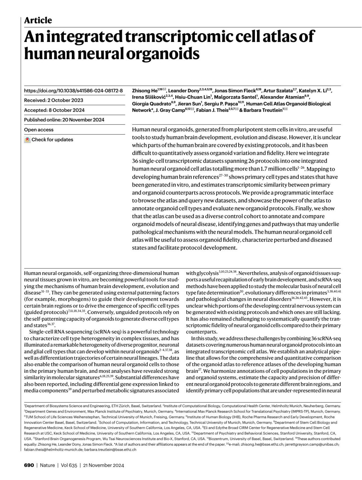 An Integrated Transcriptomic Cell Atlas Of Human Neural Organoids Zhisong He1