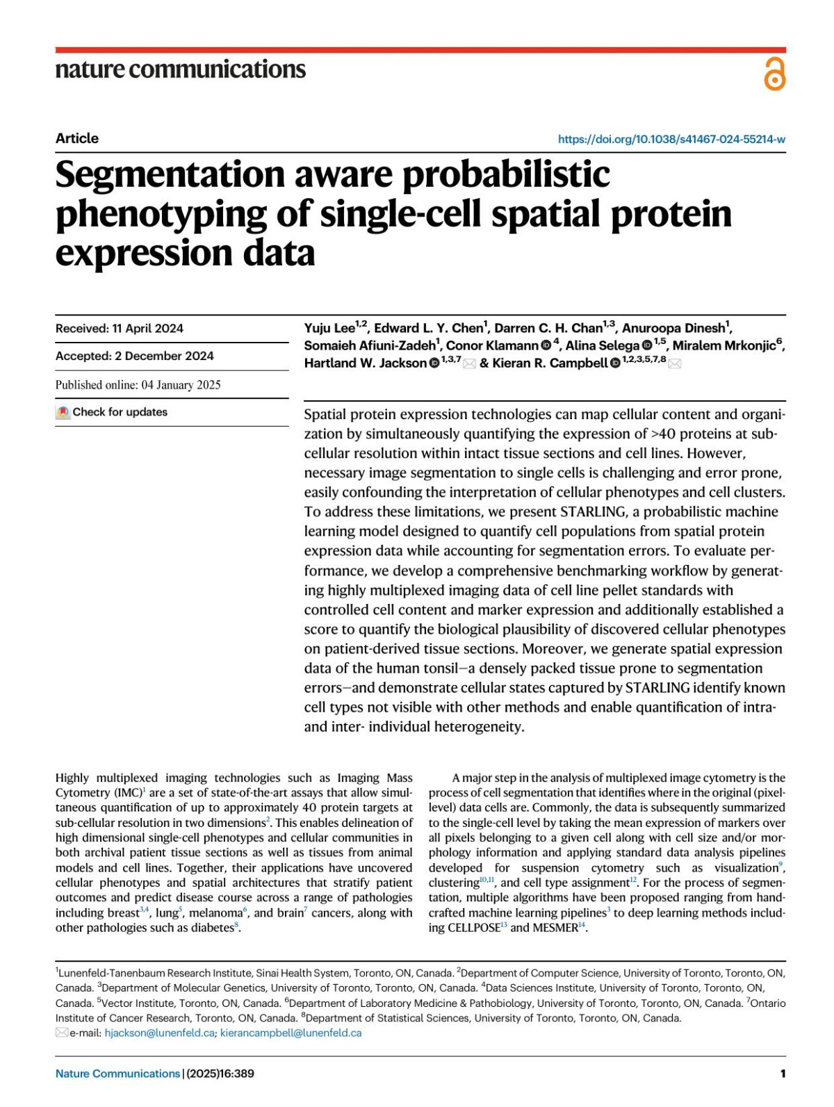 Segmentation Aware Probabilistic Phenotyping Of Singlecell Spatial Protein Expression Data Yuju Lee Edward L Y Chen Darren C H Chan Anuroopa Dinesh Somaieh Afiunizadeh Conor Klamann Alina Selega Miralem Mrkonjic Hartland W Jackson Kieran R Campbell