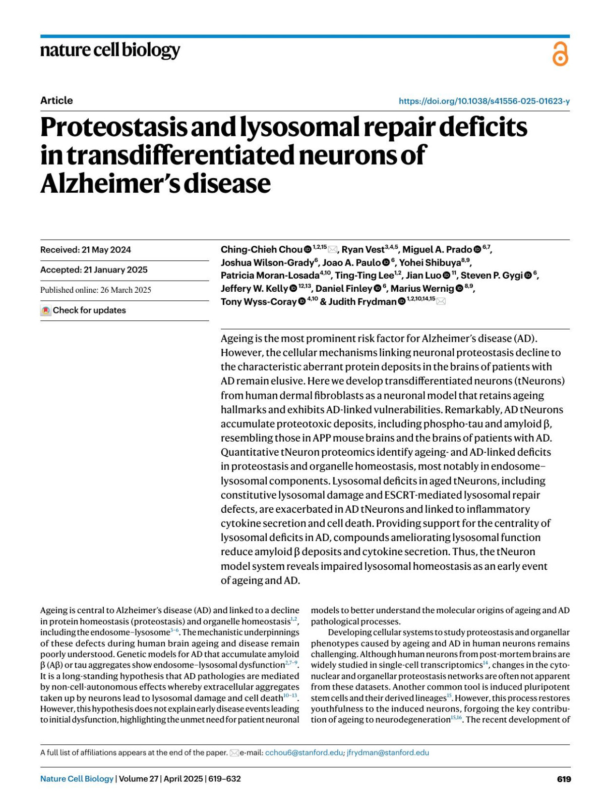Proteostasis And Lysosomal Repair Deficits In Transdifferentiated Neurons Of Alzheimers Disease Chingchieh Chou Ryan Vest Miguel A Prado Joshua Wilsongrady Joao A Paulo Yohei Shibuya Patricia Moranlosada Tingting Lee Jian Luo Steven P Gygi Jeffery W Kelly Daniel Finley Marius Wernig Tony Wysscoray Judith Frydman