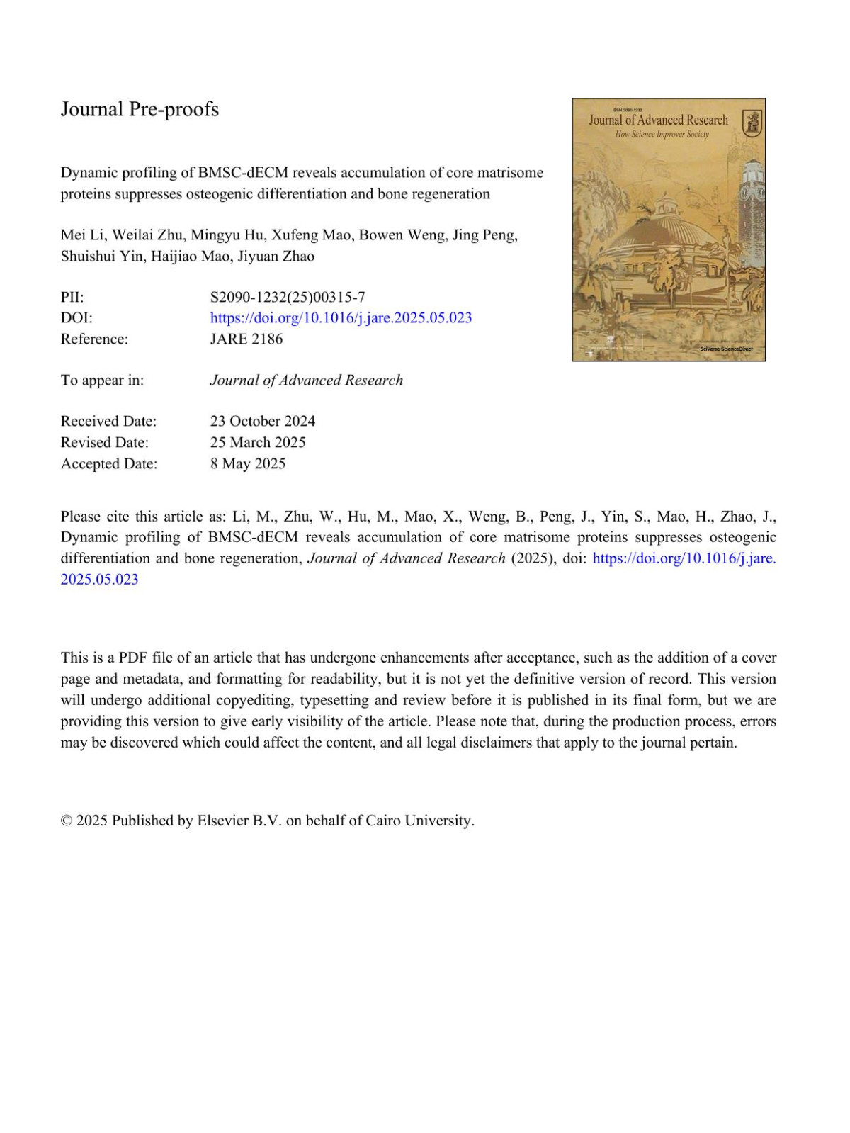 Dynamic Profiling Of Bmscdecm Reveals Accumulation Of Core Matrisome Proteins Suppresses Osteogenic Differentiation And Bone Regeneration Mei Li Weilai Zhu Mingyu Hu Xufeng Mao Bowen Weng Jing Peng Shuishui Yin Haijiao Mao Jiyuan Zhao