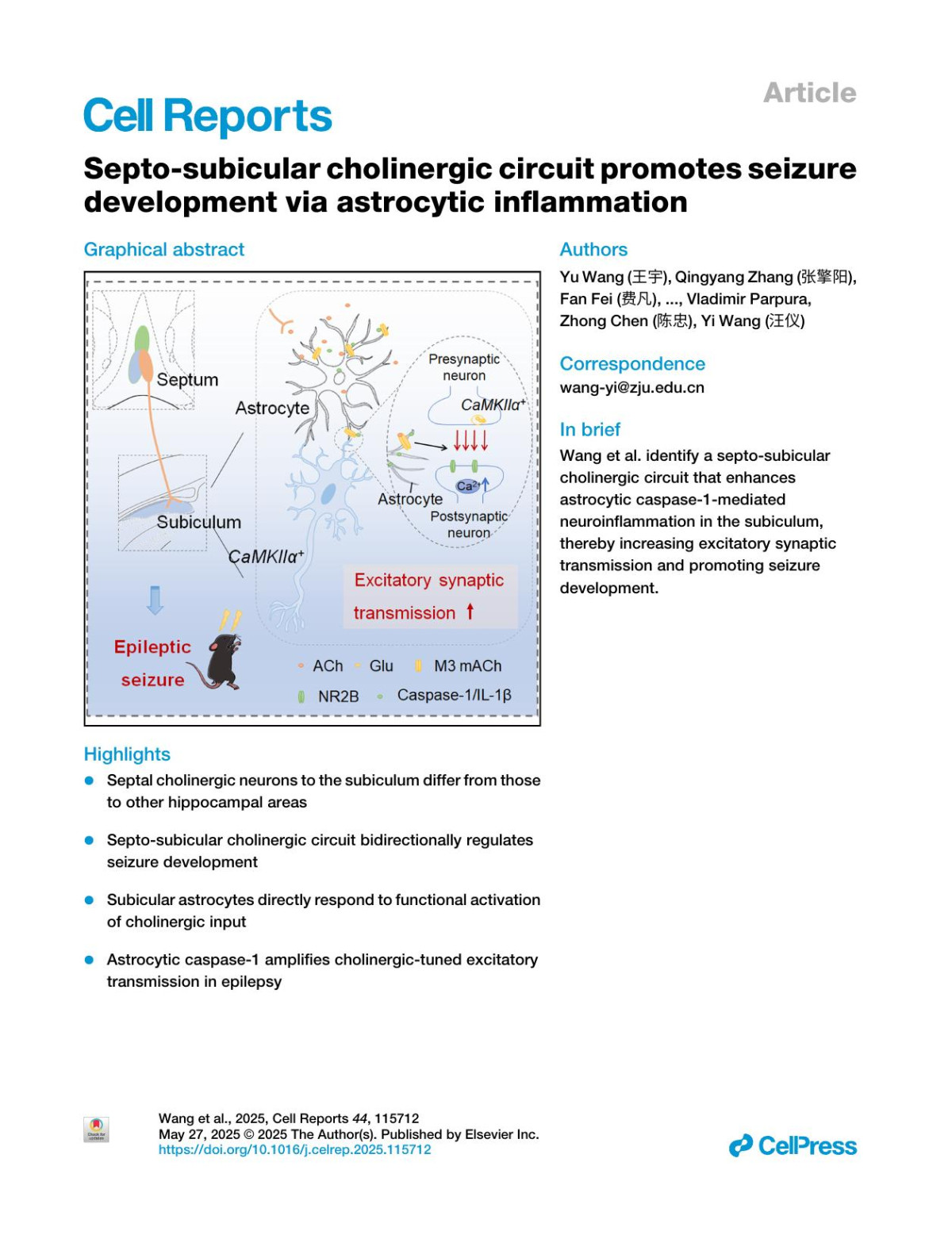 Septosubicular Cholinergic Circuit Promotes Seizuredevelopment Via Astrocytic Inflammation Yu Wang 王宇 Qingyang Zhang 张擎阳 Fan Fei 费凡 Keyu Hu 胡珂羽 Fei Wang 王菲 Heming Cheng 程鹤鸣 Cenglin Xu 徐层林 Lingyu Xu 徐玲钰 Jiannong Wu 吴建浓 Vladimir Parpura Zhong Chen 陈忠 Yi Wang 汪仪