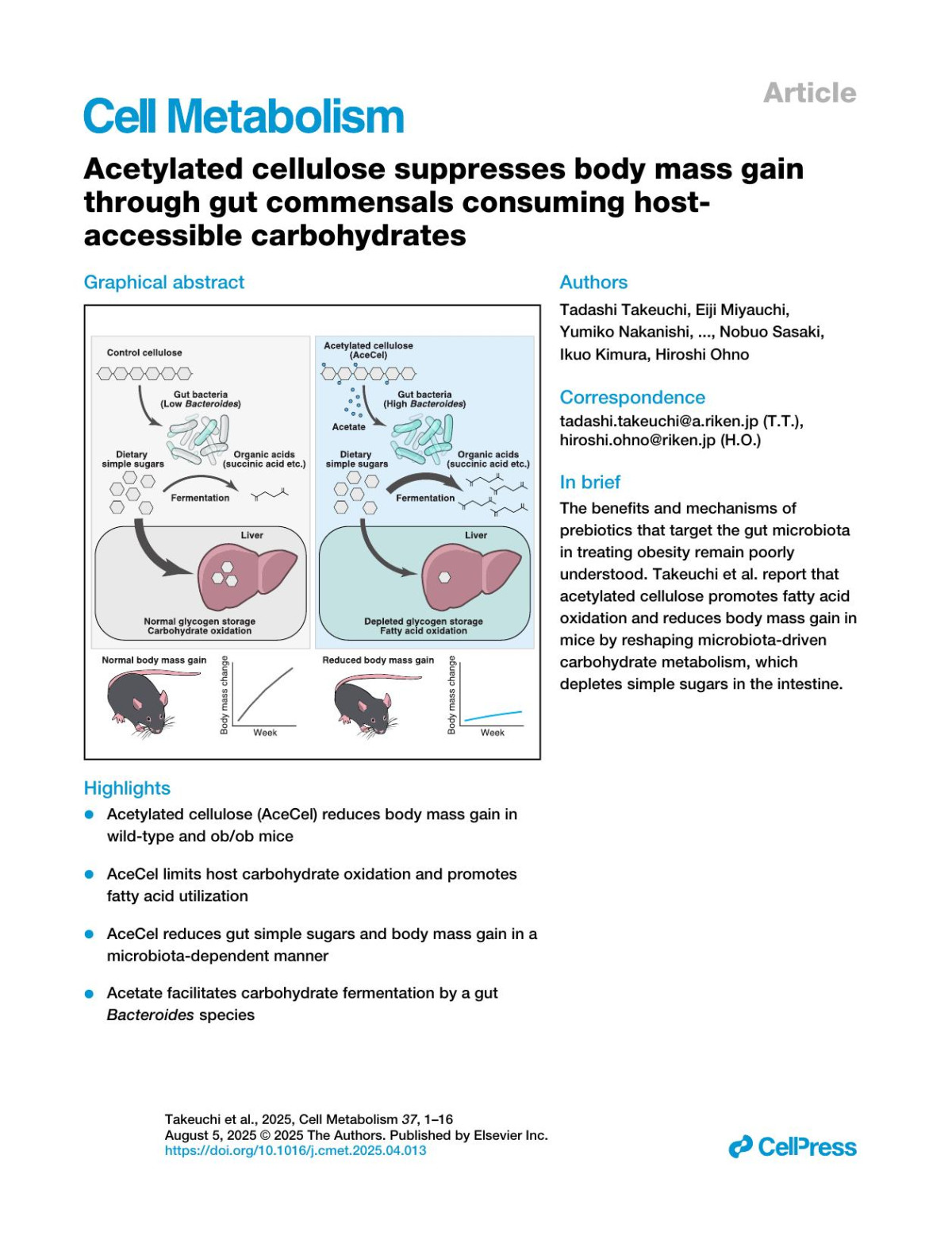 Acetylated Cellulose Suppresses Body Mass Gainthrough Gut Commensals Consuming Hostaccessible Carbohydrates Tadashi Takeuchi Eiji Miyauchi Yumiko Nakanishi Yusuke Ito Tamotsu Kato Katsuki Yaguchi Masami Kawasumi Naoko Tachibana Ayumi Ito Shu Shimamoto Akinobu Matsuyama Nobuo Sasaki Ikuo Kimura Hiroshi Ohno