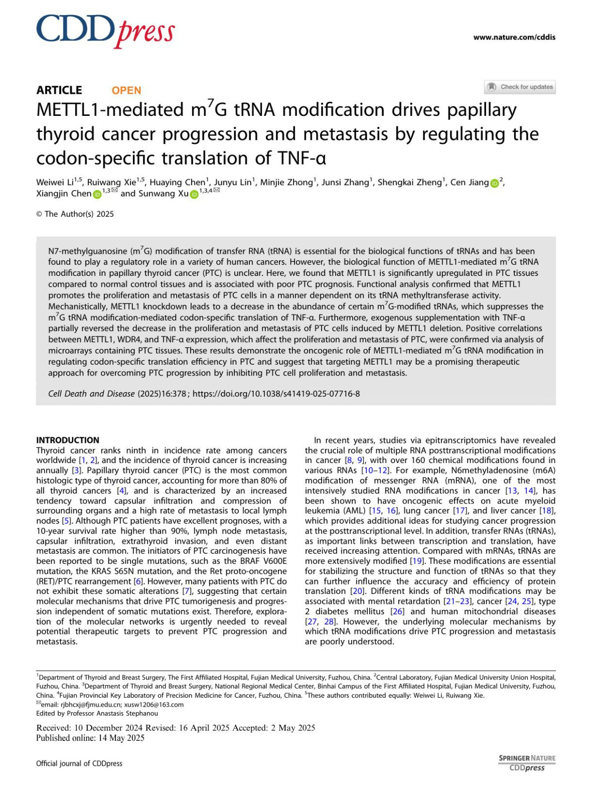 Mettl1mediated M7g Trna Modification Drives Papillary Thyroid Cancer Progression And Metastasis By Regulating The Codonspecific Translation Of Tnfα Weiwei Li Ruiwang Xie Huaying Chen Junyu Lin Minjie Zhong Junsi Zhang Shengkai Zheng Cen Jiang Xiangjin Chen Sunwang Xu