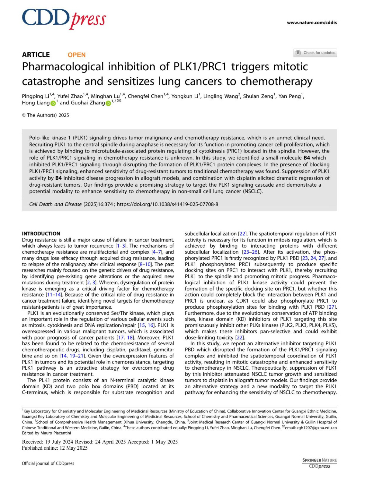 Pharmacological Inhibition Of Plk1prc1 Triggers Mitotic Catastrophe And Sensitizes Lung Cancers To Chemotherapy Pingping Li Yufei Zhao Minghan Lu Chengfei Chen Yongkun Li Lingling Wang Shulan Zeng Yan Peng Hong Liang Guohai Zhang