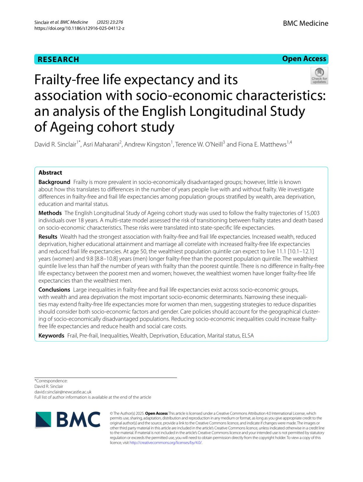 Frailtyfree Life Expectancy And Its Association With Socioeconomic Characteristics An Analysis Of The English Longitudinal Study Of Ageing Cohort Study David R Sinclair Asri Maharani Andrew Kingston Terence W Oneill Fiona E Matthews