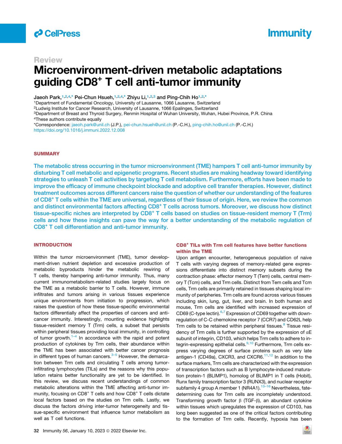 Microenvironmentdriven Metabolic Adaptations Jaeoh Park Peichun Hsueh Zhiyu Li Pingchih Ho