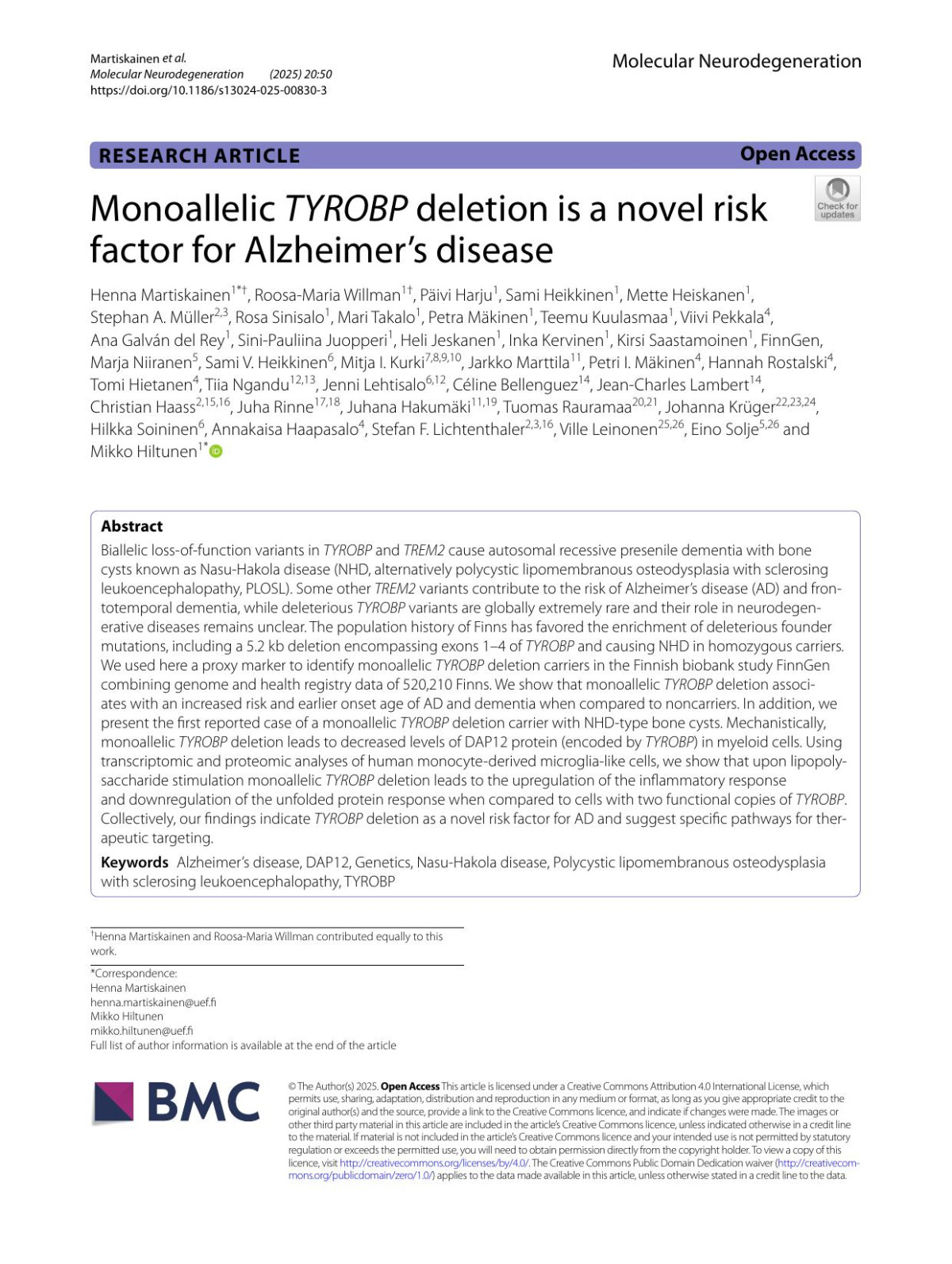 Monoallelic Tyrobp Deletion Isanovel Risk Factor Foralzheimers Disease Henna Martiskainen1