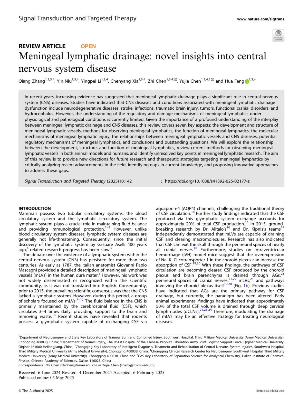 Meningeal Lymphatic Drainage Novel Insights Into Central Nervous System Disease Qiang Zhang Yin Niu Yingpei Li Chenyang Xia Zhi Chen Yujie Chen Hua Feng
