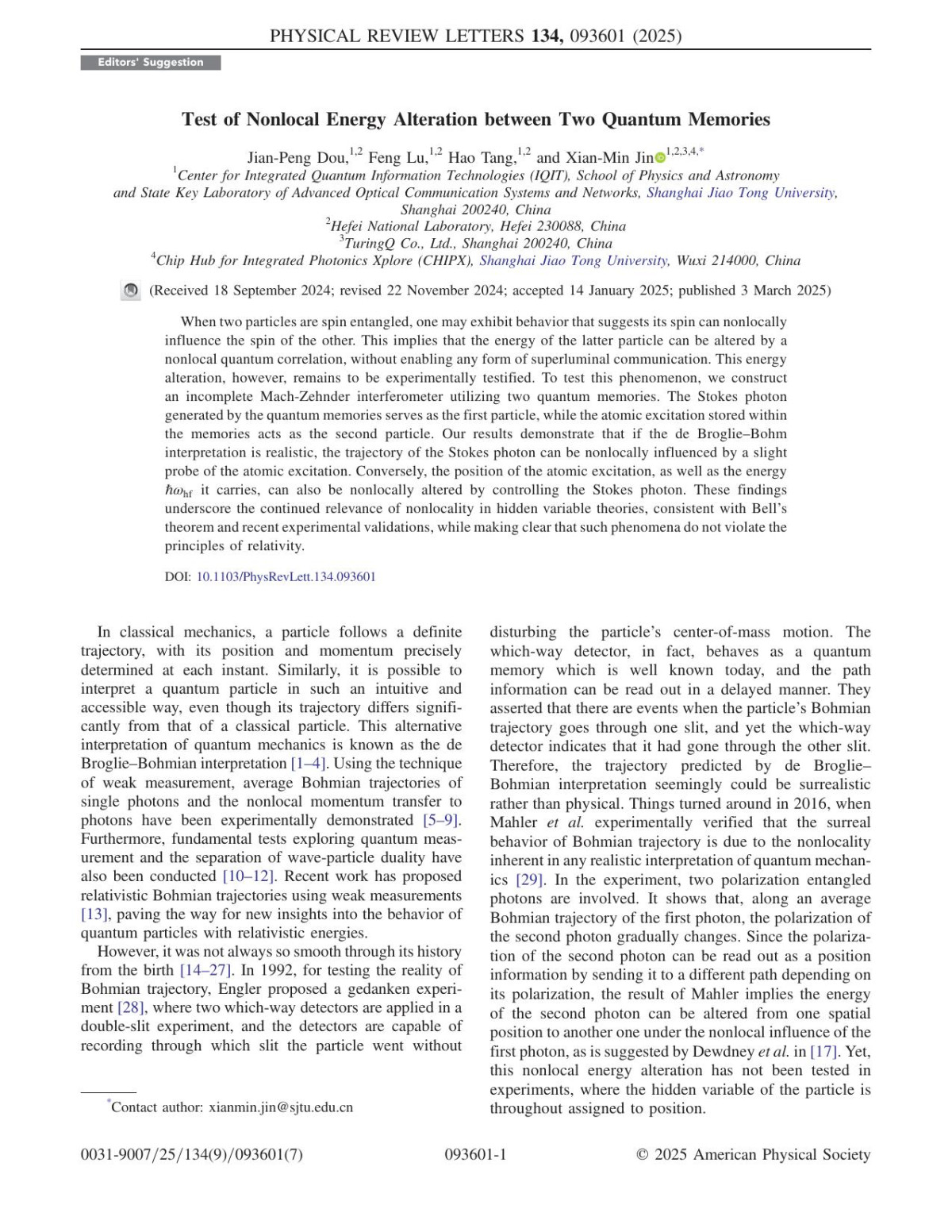 Test Of Nonlocal Energy Alteration Between Two Quantum Memories Jianpeng Dou