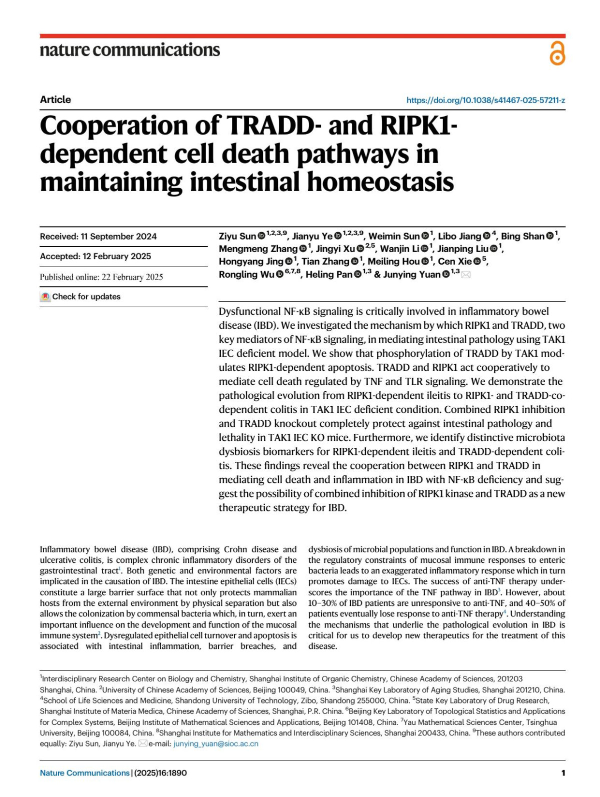 Cooperation Of Tradd And Ripk1dependent Cell Death Pathways In Maintaining Intestinal Homeostasis Ziyu Sun Jianyu Ye Weimin Sun Libo Jiang Bing Shan Mengmeng Zhang Jingyi Xu Wanjin Li Jianping Liu Hongyang Jing Tian Zhang Meiling Hou Cen Xie Rongling Wu Heling Pan Junying Yuan