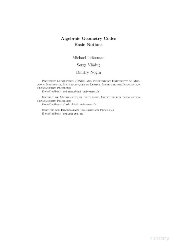Algebraic Geometric Codes Basic Notions Secondary Michael Tsfasman