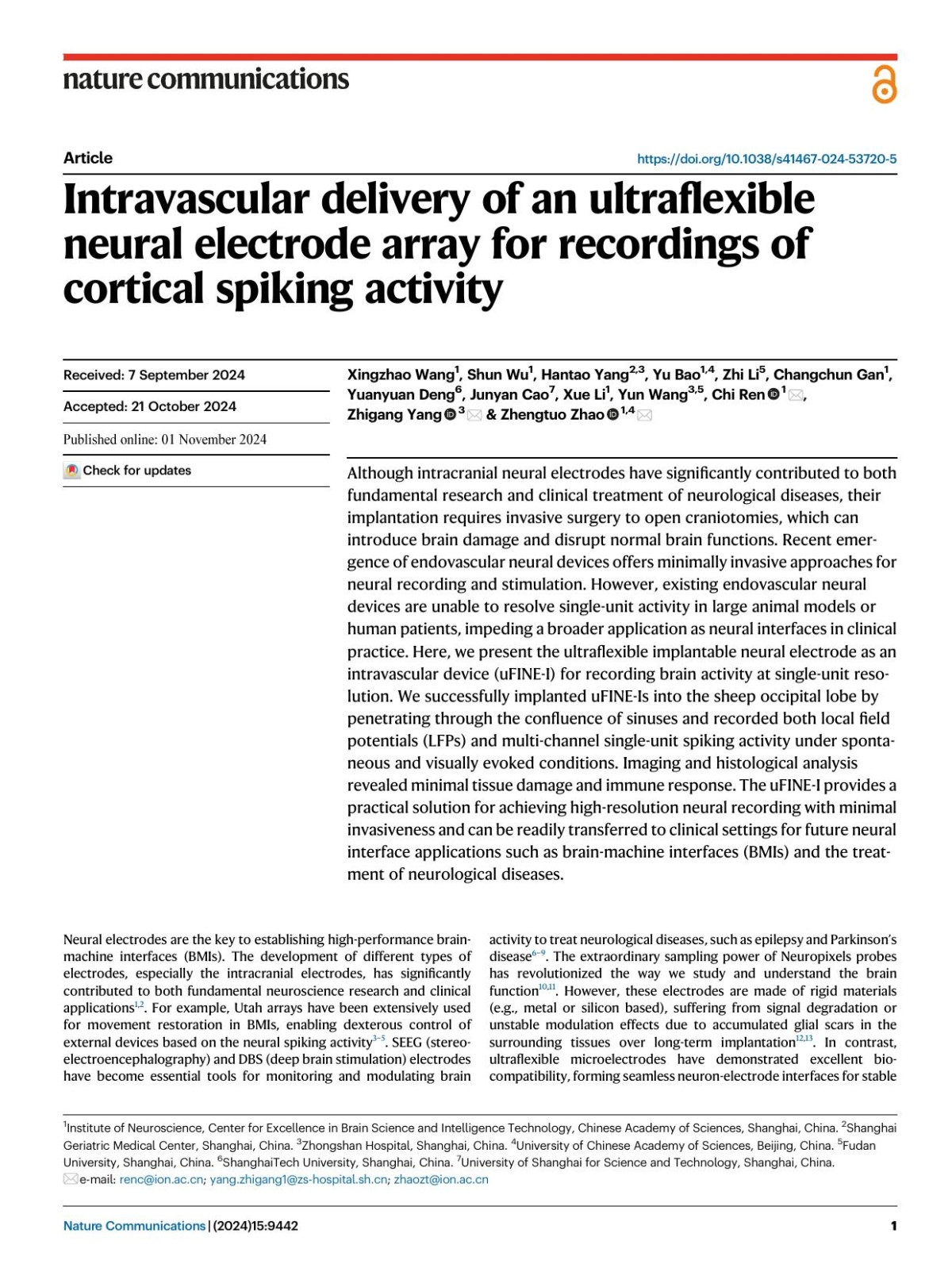 Intravascular Delivery Of An Ultraflexible Neural Electrode Array For Recordings Of Cortical Spiking Activity Xingzhao Wang Shun Wu Hantao Yang Yu Bao Zhi Li Changchun Gan Yuanyuan Deng Junyan Cao Xue Li Yun Wang Chi Ren Zhigang Yang Zhengtuo Zhao