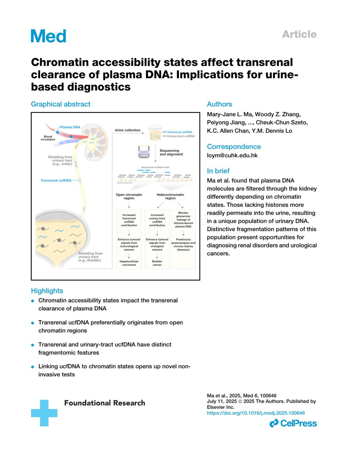 Chromatin Accessibility States Affect Transrenal Clearance Of Plasma Dna Implications For Urinebased Diagnostics Maryjane L Ma