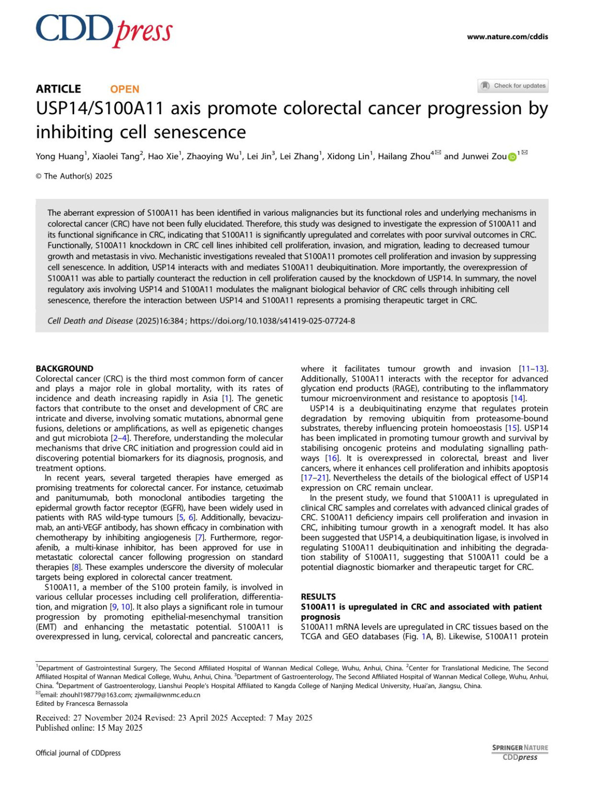 Usp14s100a11 Axis Promote Colorectal Cancer Progression By Inhibiting Cell Senescence Yong Huang Xiaolei Tang Hao Xie Zhaoying Wu Lei Jin Lei Zhang Xidong Lin Hailang Zhou Junwei Zou
