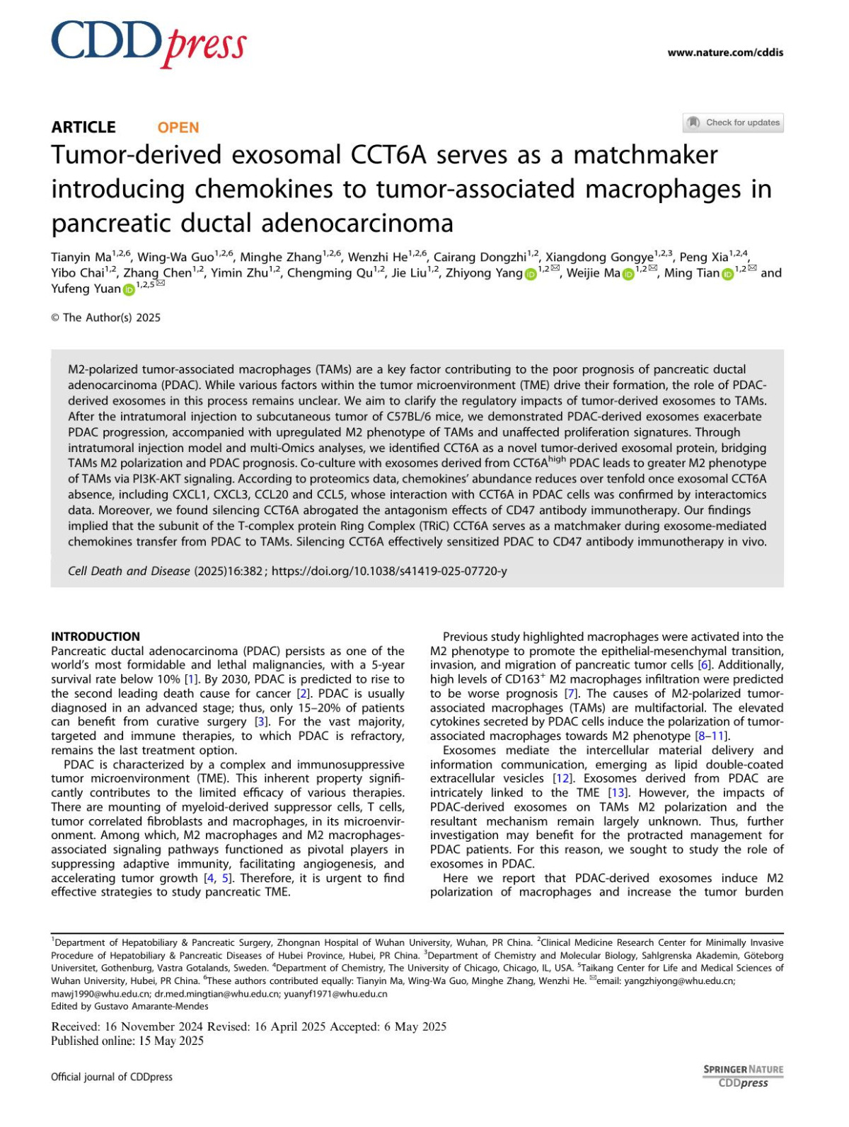 Tumorderived Exosomal Cct6a Serves As A Matchmaker Introducing Chemokines To Tumorassociated Macrophages In Pancreatic Ductal Adenocarcinoma Tianyin Ma Wingwa Guo Minghe Zhang Wenzhi He Cairang Dongzhi Xiangdong Gongye Peng Xia Yibo Chai Zhang Chen Yimin Zhu Chengming Qu Jie Liu Zhiyong Yang Weijie Ma Ming Tian Yufeng Yuan