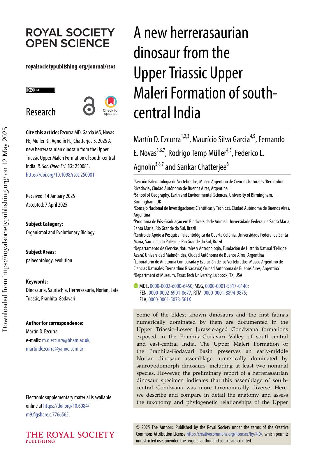 A New Herrerasaurian Dinosaur From The Upper Triassic Upper Maleri Formation Of Southcentral India Martín D Ezcurra Maurício Silva Garcia Fernando E Novas Rodrigo Temp Müller Federico L Agnolín Sankar Chatterjee