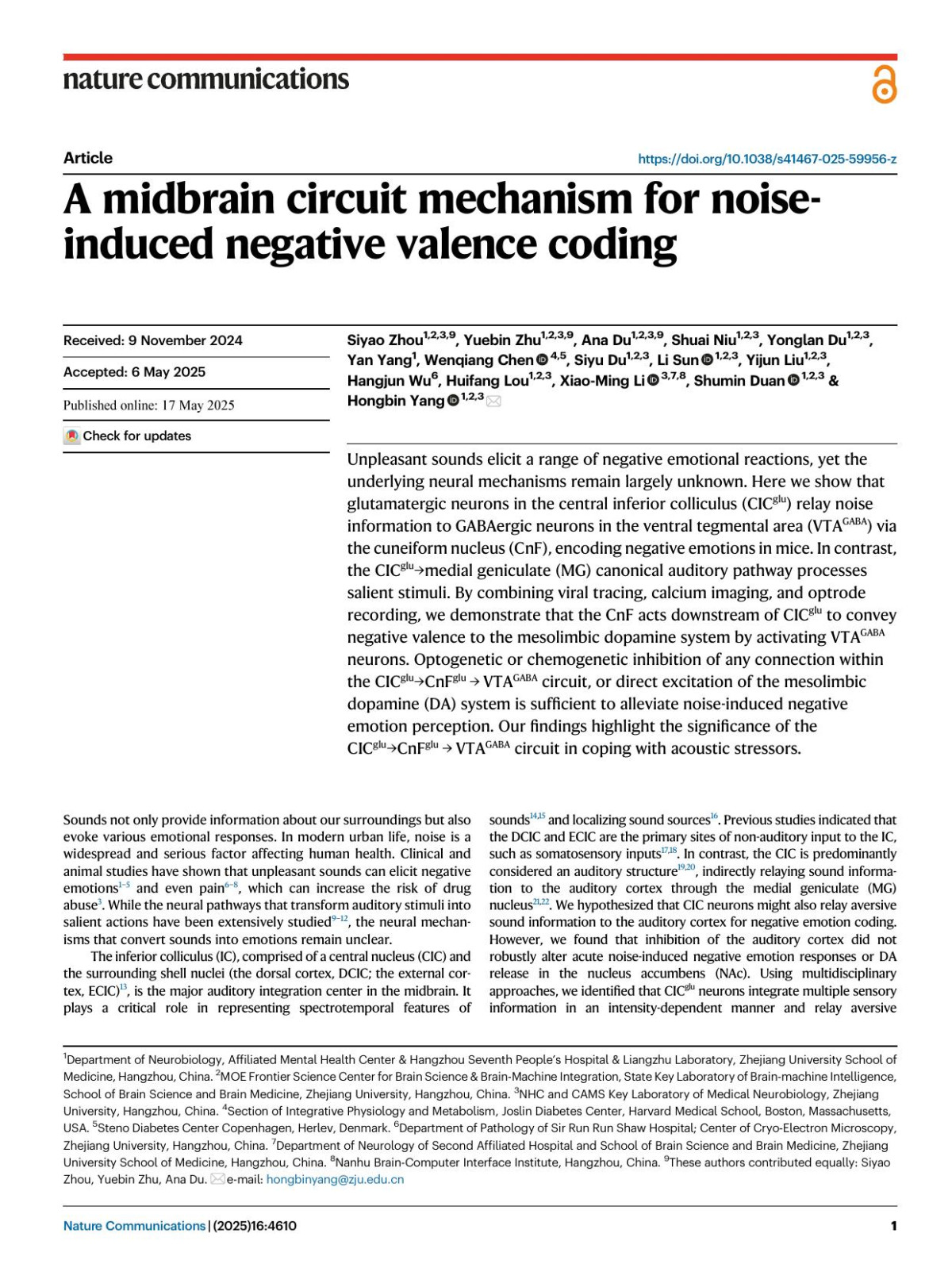 A Midbrain Circuit Mechanism For Noiseinduced Negative Valence Coding Siyao Zhou Yuebin Zhu Ana Du Shuai Niu Yonglan Du Yan Yang Wenqiang Chen Siyu Du Li Sun Yijun Liu Hangjun Wu Huifang Lou Xiaoming Li Shumin Duan Hongbin Yang