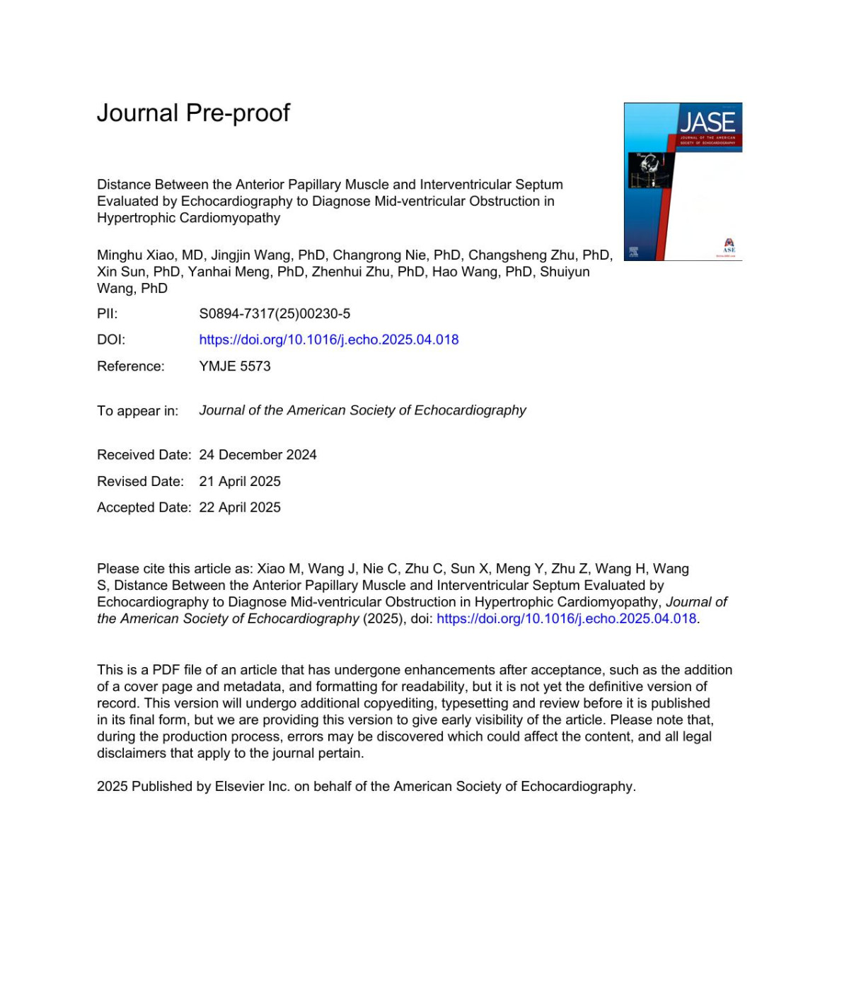 Distance Between The Anterior Papillary Muscle And Interventricular Septum Evaluated By Echocardiography To Diagnose Midventricular Obstruction In Hypertrophic Cardiomyopathy Minghu Xiao