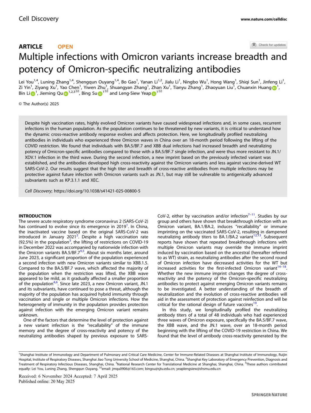 Multiple Infections With Omicron Variants Increase Breadth And Potency Of Omicronspecific Neutralizing Antibodies Lei You1