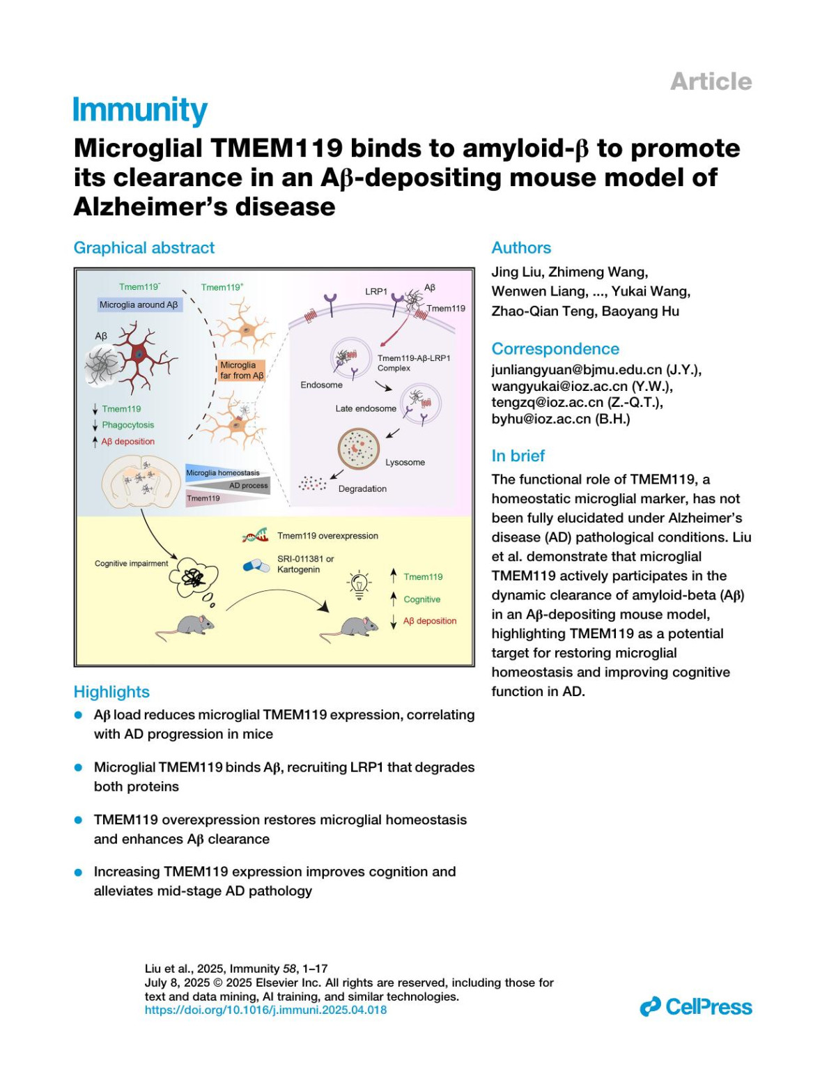 Microglial Tmem119 Binds To Amyloidβ To Promote Its Clearance In An Aβdepositing Mouse Model Of Alzheimers Disease Jing Liu Zhimeng Wang Wenwen Liang Zhenhao Zhang Yusen Deng Xiaowei Chen Zongren Hou Yuanzhi Xie Qi Wang Yuan Li Chaobo Bai Da Li Fan Mo Huinan Wang Dongmei Wang Junliang Yuan Yukai Wang Zhaoqian Teng Baoyang Hu