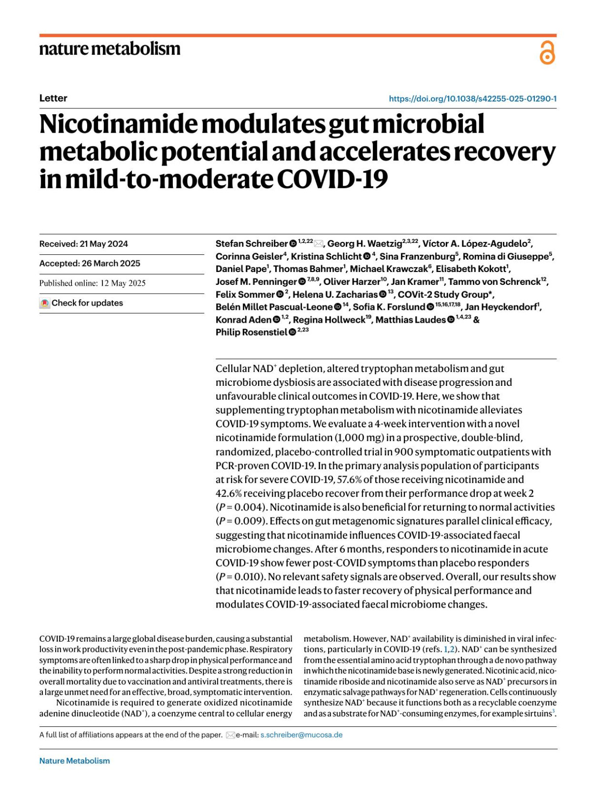 Nicotinamide Modulates Gut Microbial Metabolic Potential And Accelerates Recovery In Mildtomoderate Covid19 Stefan Schreiber 1