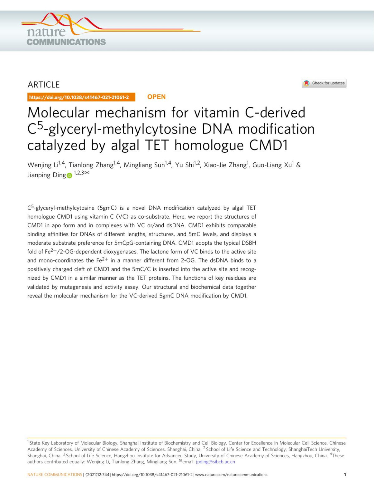 Molecular Mechanism For Vitamin Cderived C5glycerylmethylcytosine Dna Modification Catalyzed By Algal Tet Homologue Cmd1 Wenjing Li Tianlong Zhang Mingliang Sun Yu Shi Xiaojie Zhang Guoliang Xu Jianping Ding