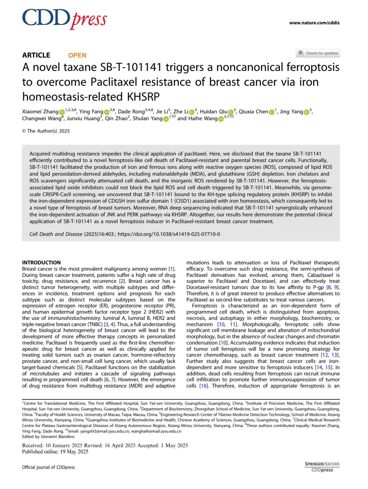A Novel Taxane Sbt101141 Triggers A Noncanonical Ferroptosis To Overcome Paclitaxel Resistance Of Breast Cancer Via Iron Homeostasisrelated Khsrp Xiaomei Zhang Ying Fang Dade Rong Jie Li Zhe Li Huidan Qiu Qiuxia Chen Jing Yang Changwei Wang Junxiu Huang Qin Zhao Shulan Yang Haihe Wang