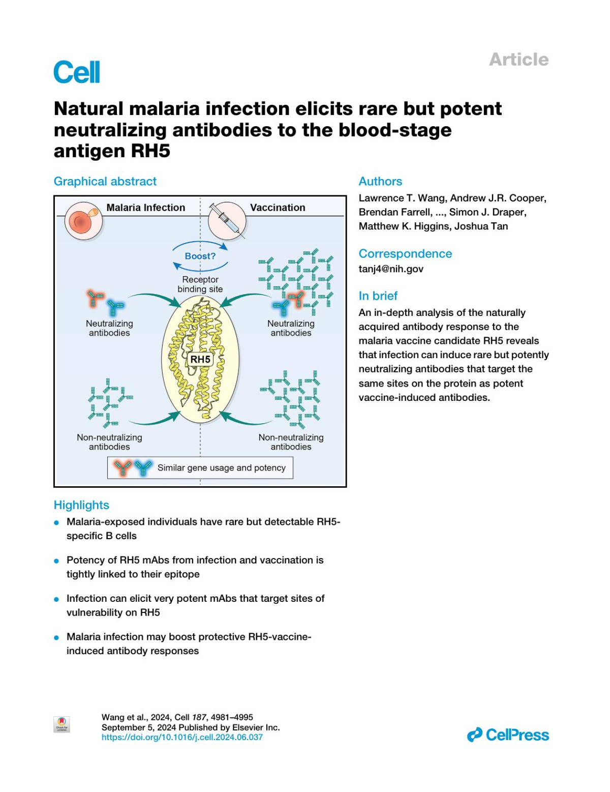 Natural Malaria Infection Elicits Rare But Potent Neutralizing Antibodies To The Bloodstage Antigen Rh5 Lawrence T Wang