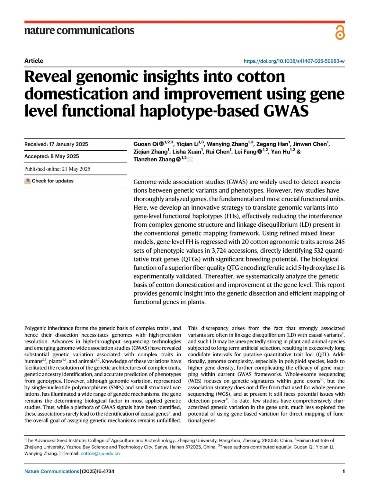 Reveal Genomic Insights Into Cotton Domestication And Improvement Using Gene Level Functional Haplotypebased Gwas Guoan Qi Yiqian Li Wanying Zhang Zegang Han Jinwen Chen Ziqian Zhang Lisha Xuan Rui Chen Lei Fang Yan Hu Tianzhen Zhang