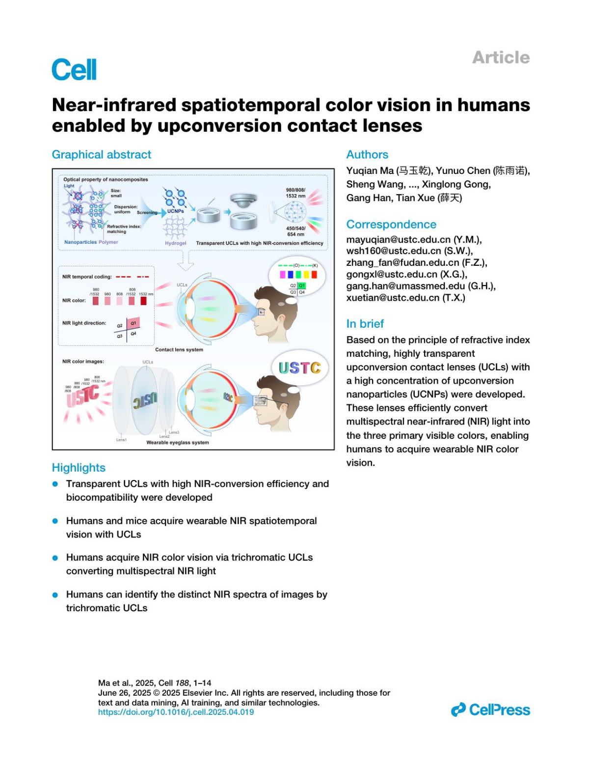 Nearinfrared Spatiotemporal Color Vision In Humans Enabled By Upconversion Contact Lenses Yuqian Ma 马玉乾