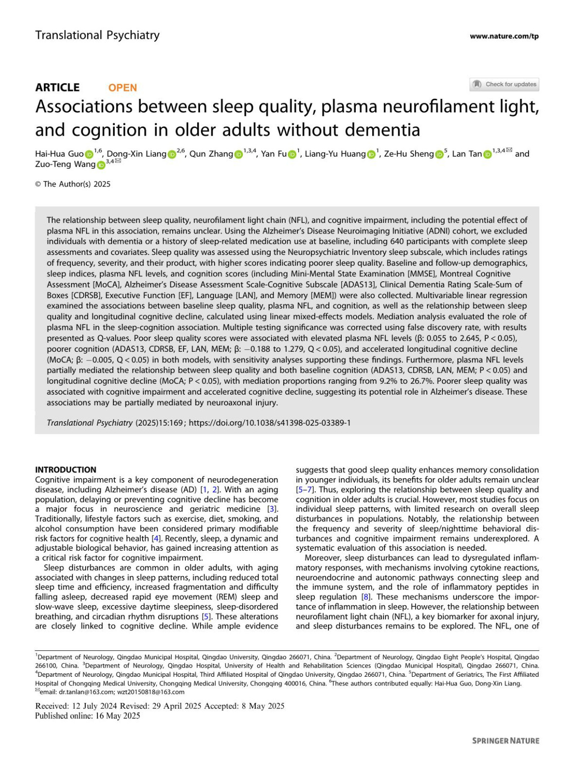 Associations Between Sleep Quality Plasma Neurofilament Light And Cognition In Older Adults Without Dementia Haihua Guo Dongxin Liang Qun Zhang Yan Fu Liangyu Huang Zehu Sheng Lan Tan Zuoteng Wang
