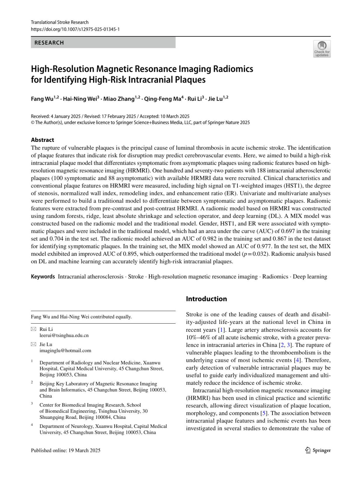 Highresolution Magnetic Resonance Imaging Radiomics For Identifying Highrisk Intracranial Plaques Fang Wu Haining Wei Miao Zhang Qingfeng Ma Rui Li Jie Lu
