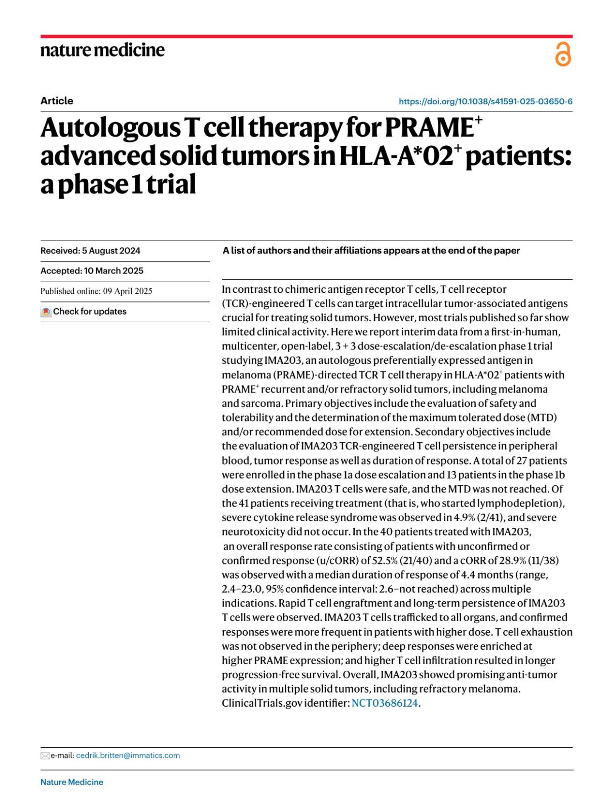 Autologous T Cell Therapy For Prame Advanced Solid Tumors In Hlaa02 Patients A Phase 1 Trial A List Of Authors And Their Affiliations Appears At The End Of The Paper