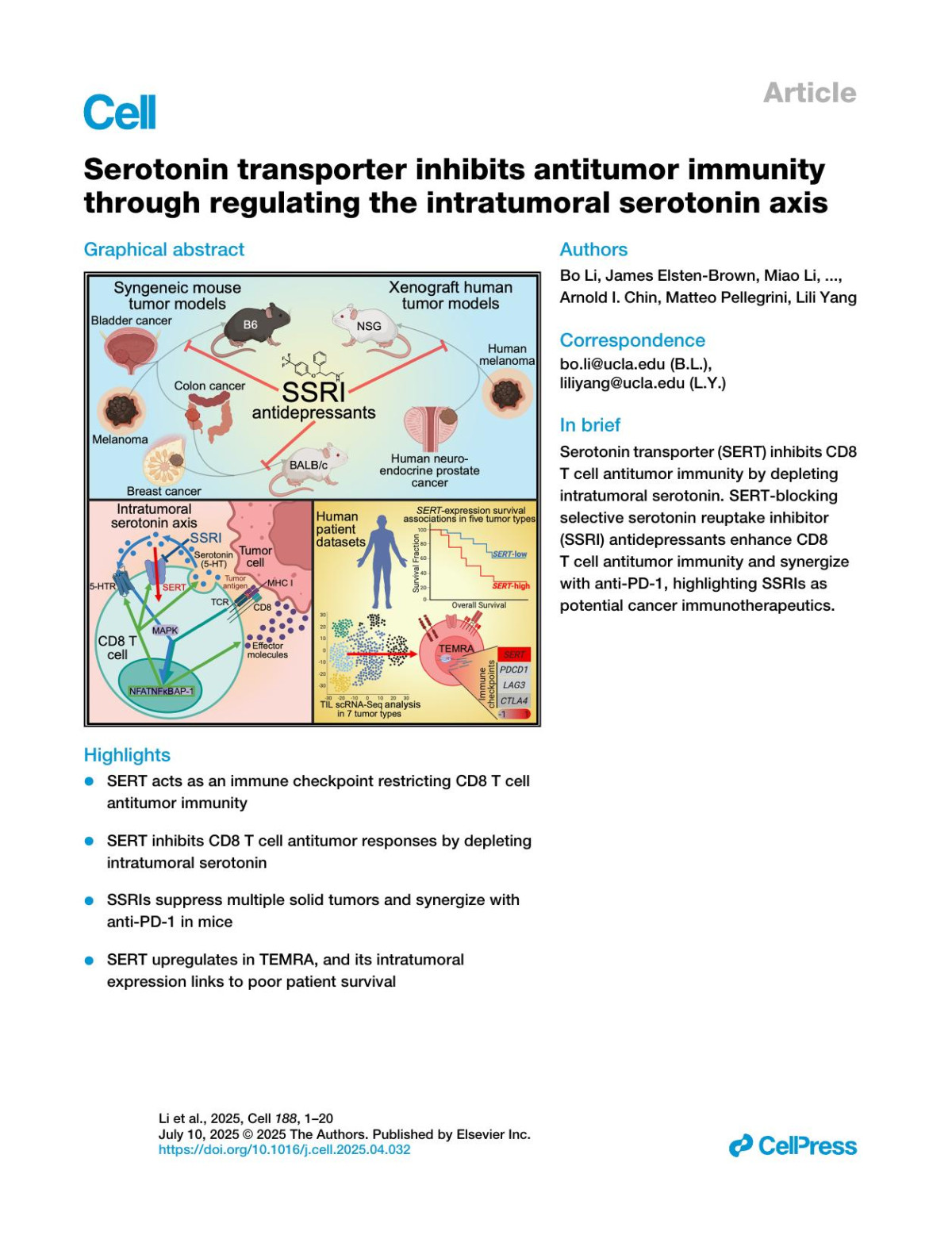 Serotonin Transporter Inhibits Antitumor Immunity Through Regulating The Intratumoral Serotonin Axis Bo Li