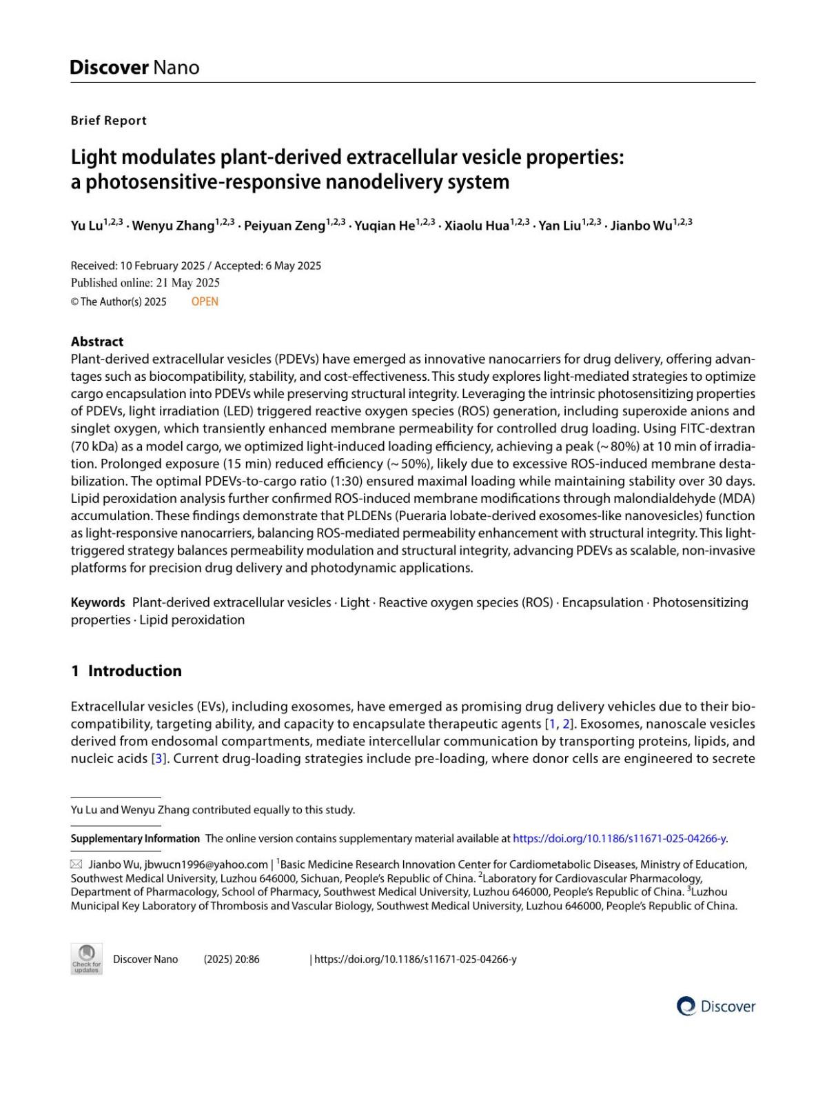 Light Modulates Plantderived Extracellular Vesicle Properties A Photosensitiveresponsive Nanodelivery System Yu Lu Wenyu Zhang Peiyuan Zeng Yuqian He Xiaolu Hua Yan Liu Jianbo Wu