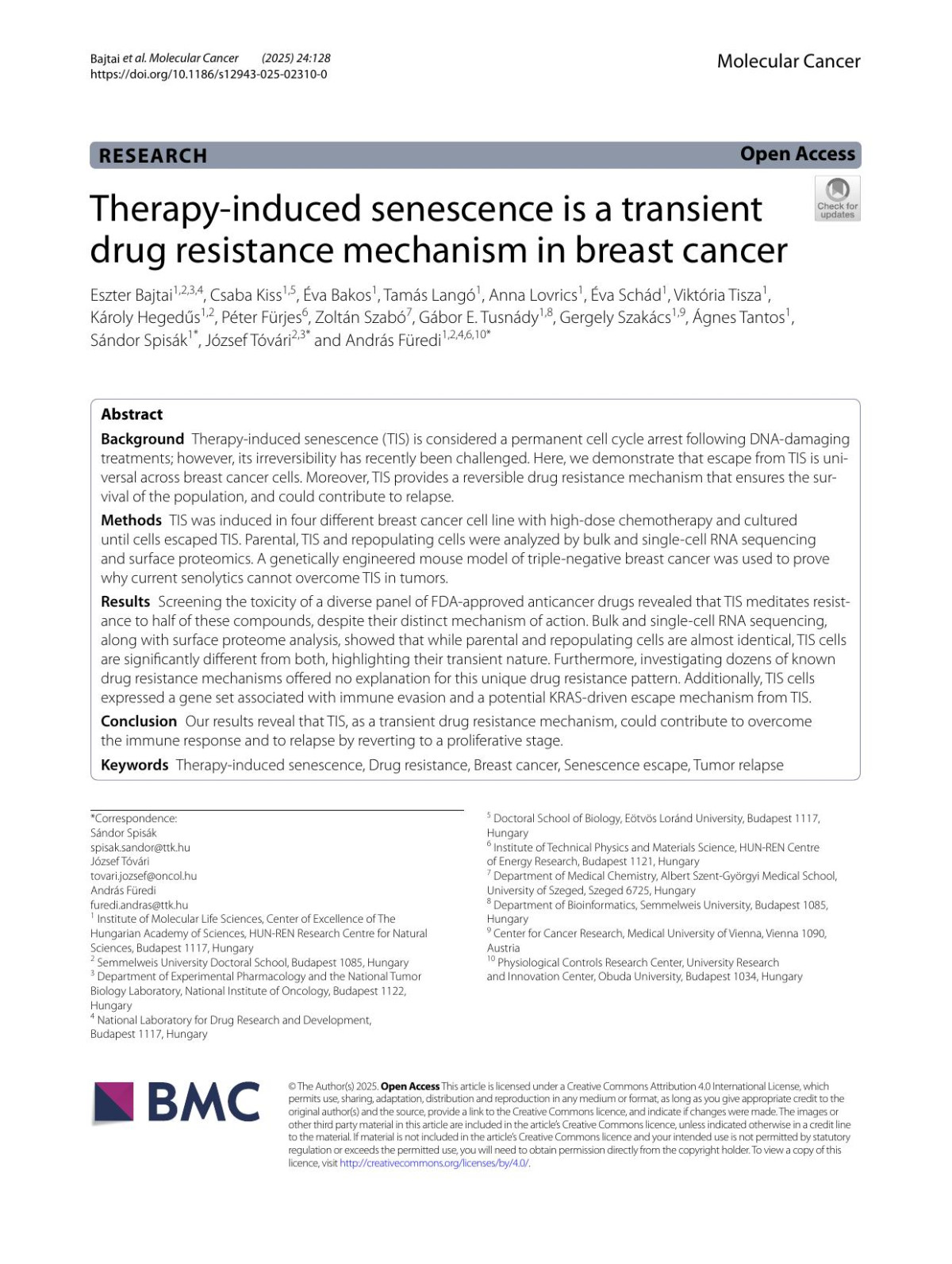 Therapyinduced Senescence Is A Transient Drug Resistance Mechanism In Breast Cancer Eszter Bajtai Csaba Kiss éva Bakos Tamás Langó Anna Lovrics éva Schád Viktória Tisza Károly Hegedűs Péter Fürjes Zoltán Szabó Gábor E Tusnády Gergely Szakács ágnes Tantos Sándor Spisák József Tóvári András Füredi