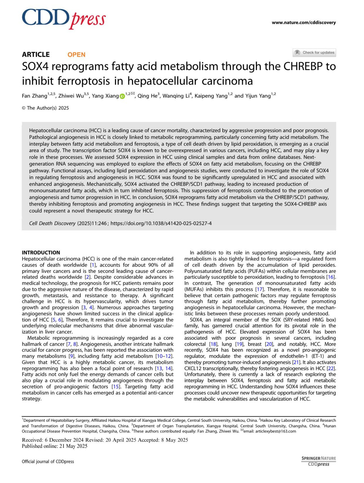 Sox4 Reprograms Fatty Acid Metabolism Through The Chrebp To Inhibit Ferroptosis In Hepatocellular Carcinoma Fan Zhang Zhiwei Wu Yang Xiang Qing He Wanqing Li Kaipeng Yang Yijun Yang