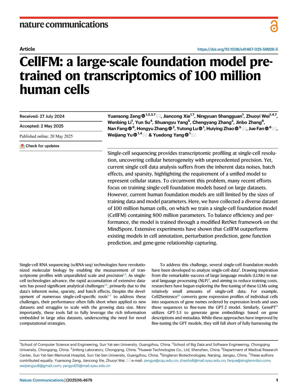 Cellfm A Largescale Foundation Model Pretrained On Transcriptomics Of 100 Million Human Cells Yuansong Zeng Jiancong Xie Ningyuan Shangguan Zhuoyi Wei Wenbing Li Yun Su Shuangyu Yang Chengyang Zhang Jinbo Zhang Nan Fang Hongyu Zhang Yutong Lu Huiying Zhao Jue Fan Weijiang Yu Yuedong Yang