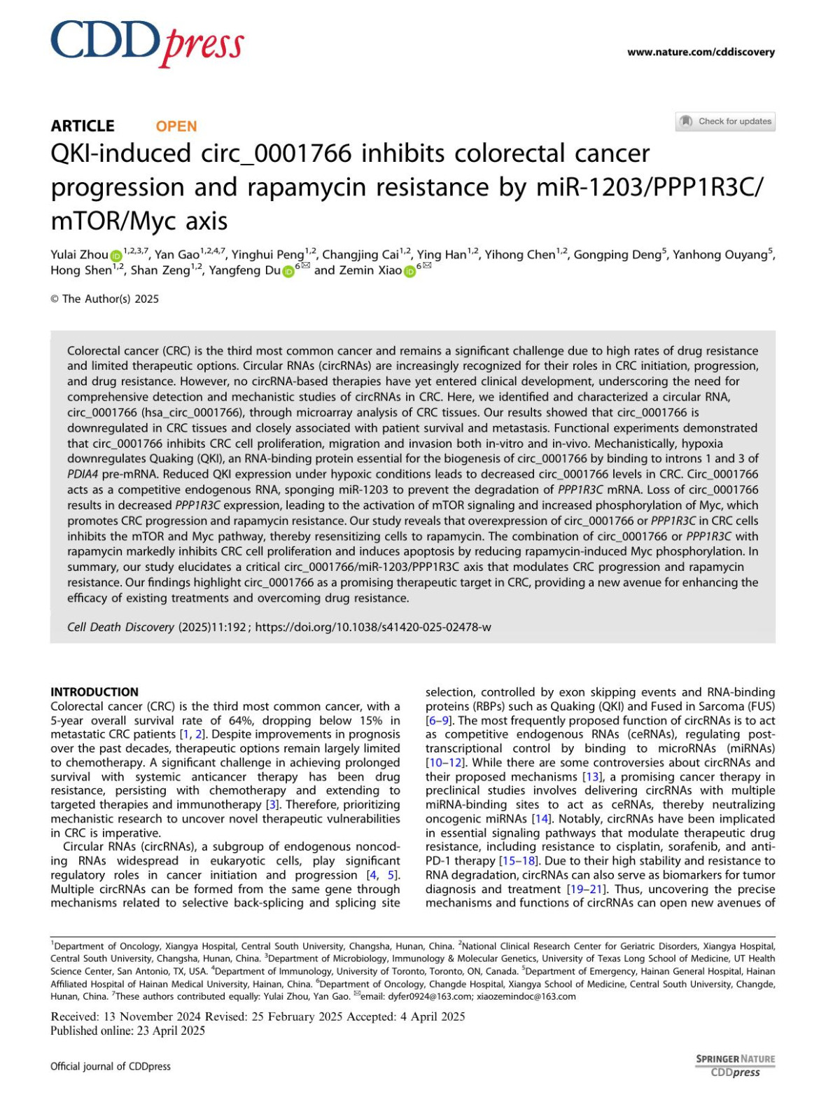 Qkiinduced Circ0001766 Inhibits Colorectal Cancer Progression And Rapamycin Resistance By Mir1203ppp1r3cmtormyc Axis Yulai Zhou Yan Gao Yinghui Peng Changjing Cai Ying Han Yihong Chen Gongping Deng Yanhong Ouyang Hong Shen Shan Zeng Yangfeng Du Zemin Xiao
