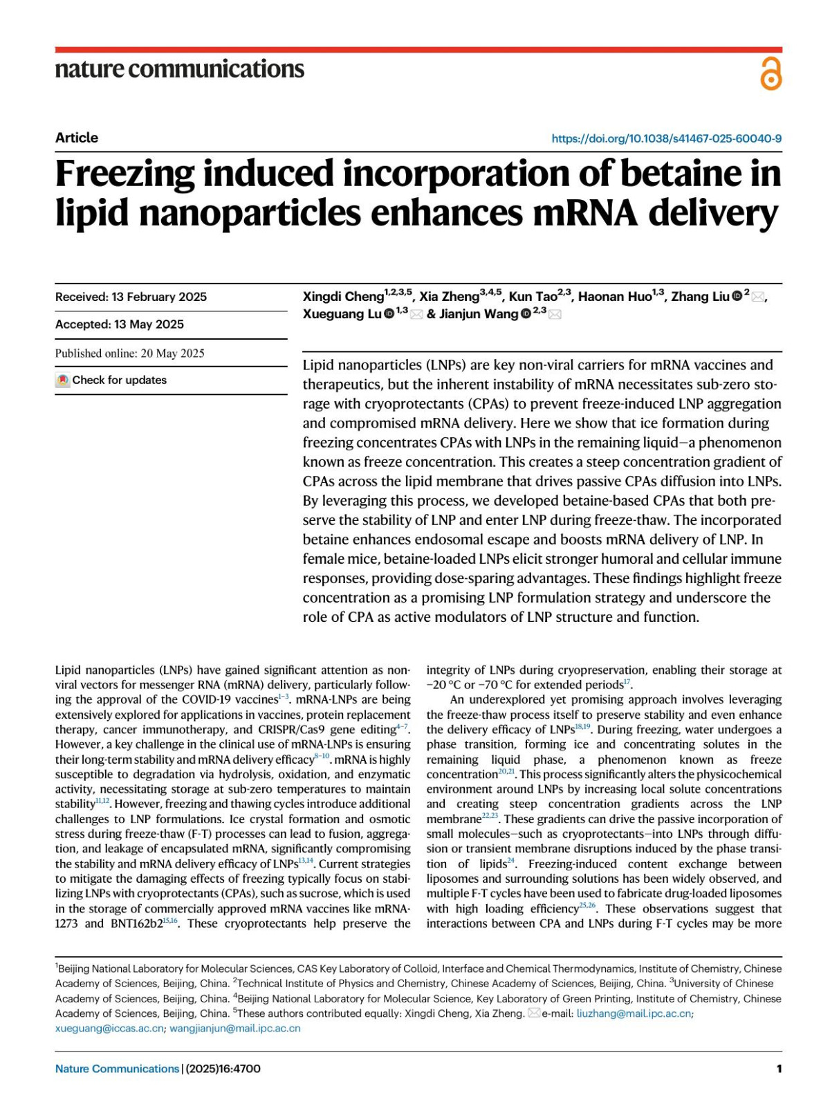 Freezing Induced Incorporation Of Betaine In Lipid Nanoparticles Enhances Mrna Delivery Xingdi Cheng Xia Zheng Kun Tao Haonan Huo Zhang Liu Xueguang Lu Jianjun Wang