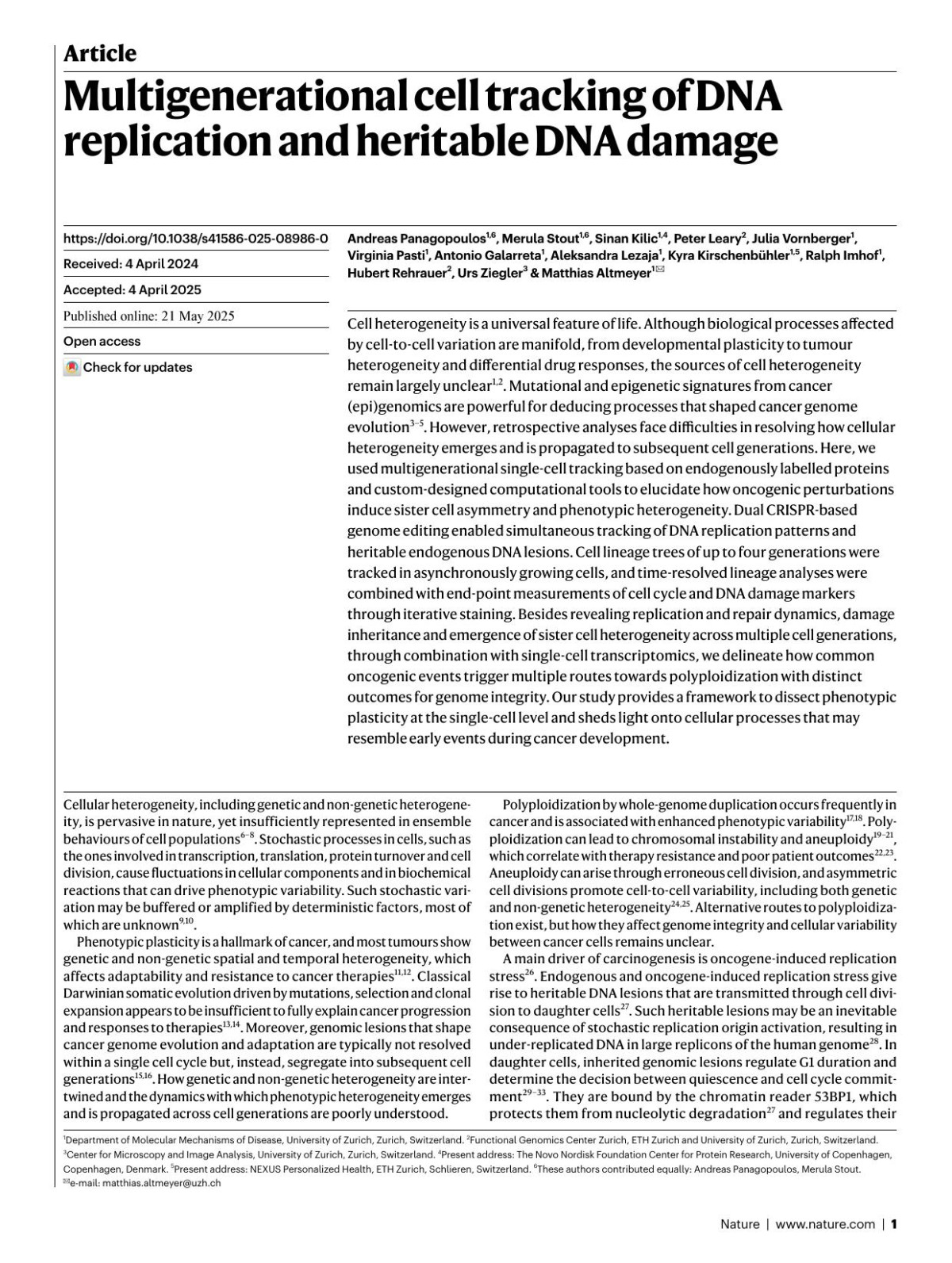 Multigenerational Cell Tracking Of Dna Replication And Heritable Dna Damage Andreas Panagopoulos Merula Stout Sinan Kilic Peter Leary Julia Vornberger Virginia Pasti Antonio Galarreta Aleksandra Lezaja Kyra Kirschenbampx000fchler Ralph Imhof Hubert Rehrauer Urs Ziegler Matthias Altmeyer