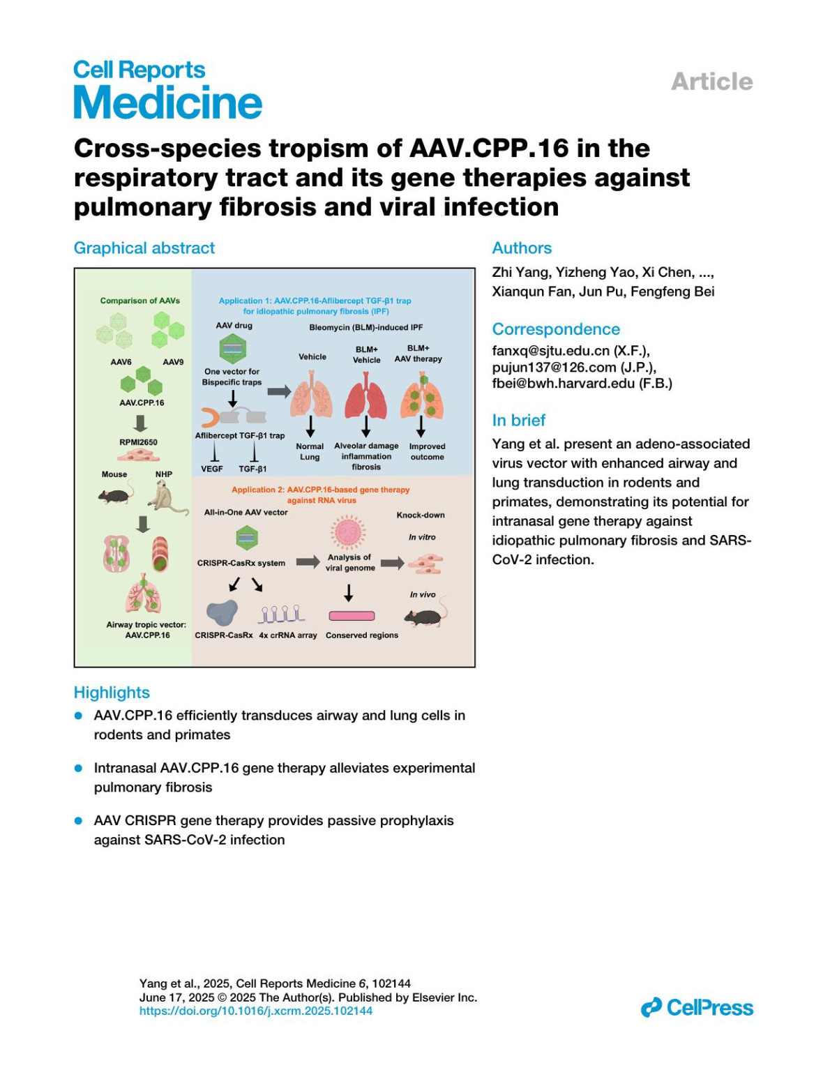 Crossspecies Tropism Of Aavcpp16 In Therespiratory Tract And Its Gene Therapies Againstpulmonary Fibrosis And Viral Infection Zhi Yang Yizheng Yao Xi Chen Victoria Madigan Shanrui Pu Xianqun Fan Jun Pu Fengfeng Bei