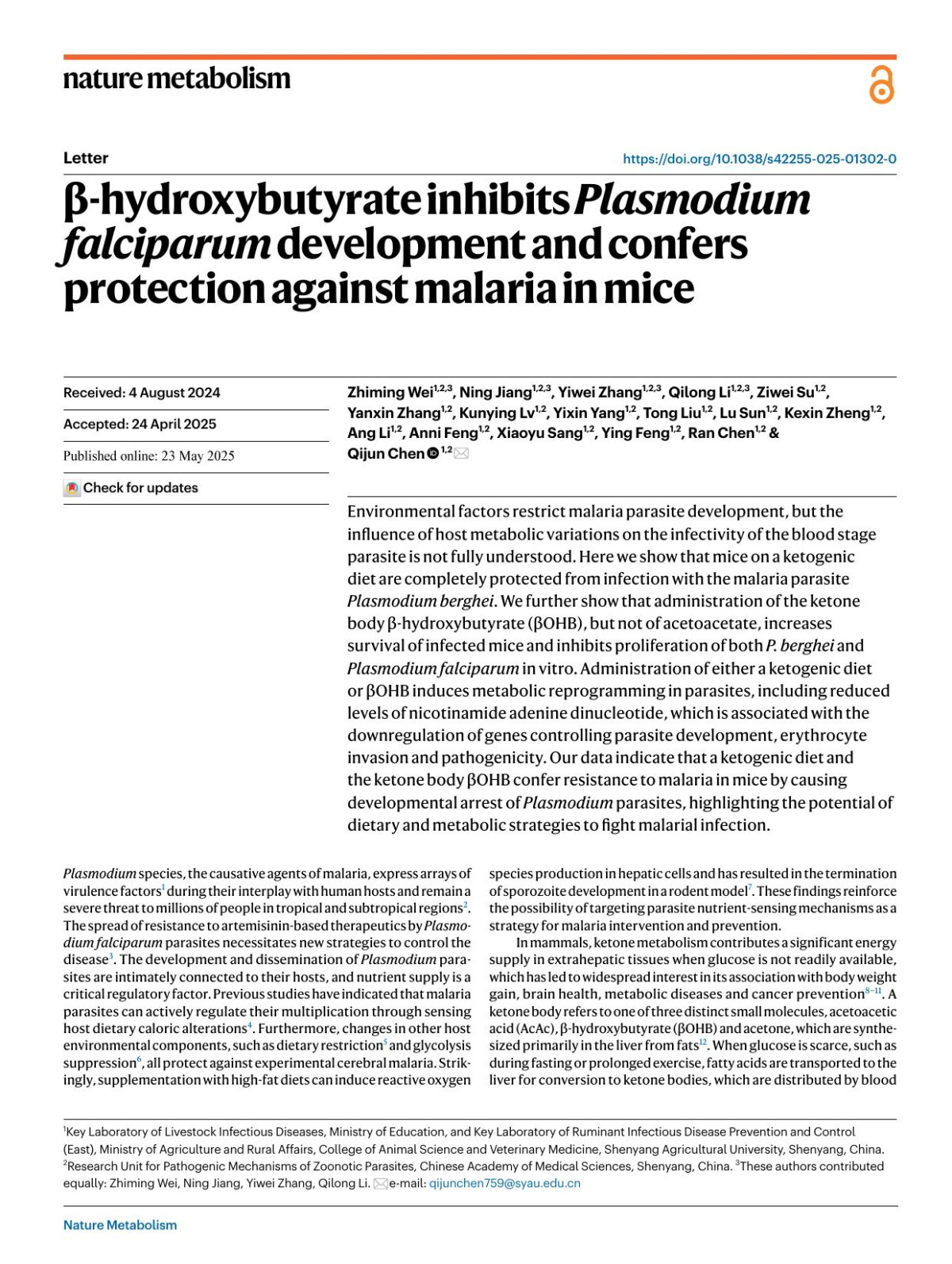βhydroxybutyrate Inhibits Plasmodium Falciparum Development And Confers Protection Against Malaria In Mice Zhiming Wei Ning Jiang Yiwei Zhang Qilong Li Ziwei Su Yanxin Zhang Kunying Lv Yixin Yang Tong Liu Lu Sun Kexin Zheng Ang Li Anni Feng Xiaoyu Sang Ying Feng Ran Chen Qijun Chen